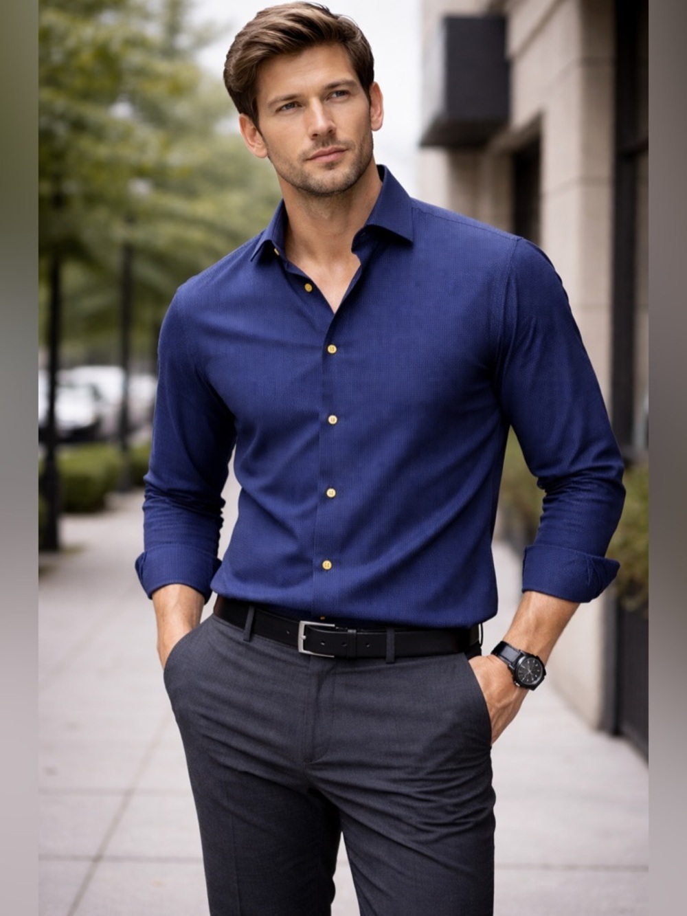 Navy Dot Dress Shirt 16.5x32 Classic Fit Non Iron Two Ply Cotton Paul Fredrick